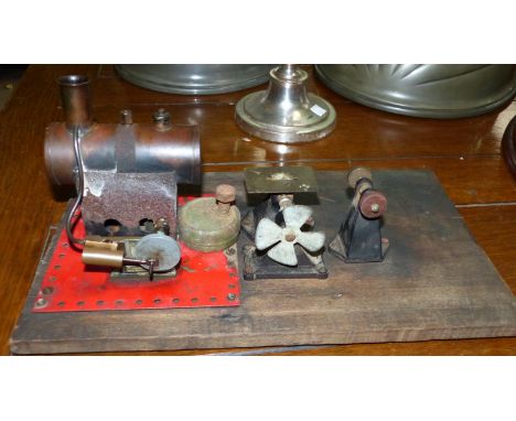 A mid-20th century stationery steam engine, spirit driven, in the Mamod style, with saw and grindstone attachments