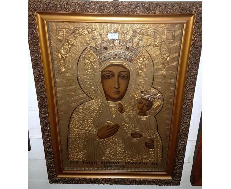 A framed female icon with jewelled decoration; a half-length oil portrait of a gentleman