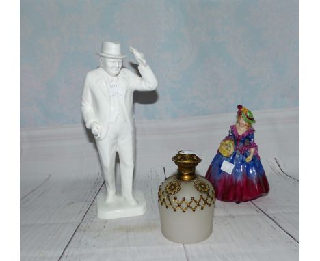 A Spode figure: Winston Churchill; a Goss figure: Edith (a.f.); a jewelled glass scent bottle; 