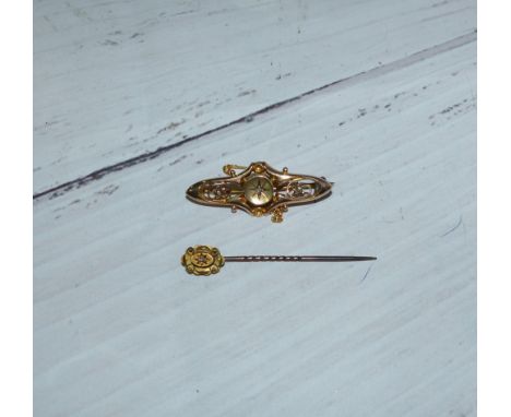 A bar brooch set with diamond chips; a stick pin, 3.2 gm gross