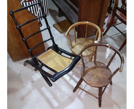 An Edwardian ebonised folding occasional chair with ladder back; 2 Edwardian children's spindle back tub chairs