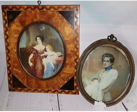 An early 20th century oval miniature:  young woman and child in Victorian dress, in marquetry frame; a similar half-length mi