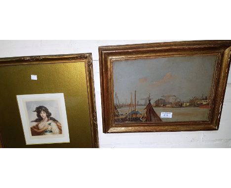 Matilda Santorari:  dockyard scene with boats and cranes, oil on board, signed, 9" x 13", framed and glazed;  a 19th century 