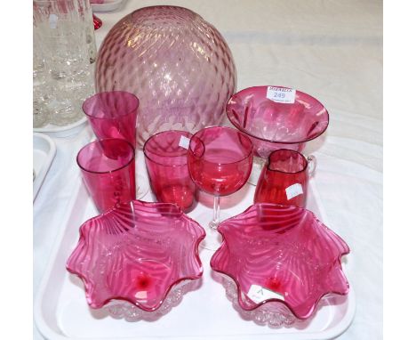 A pair of Nailsea cranberry/opaque white sweetmeat dishes; 6 other pieces of cranberry glass; a similar oil lamp shade