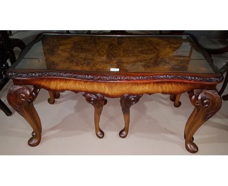 A reproduction burr walnut set of 3 occasional tables; a mahogany framed tapestry firescreen