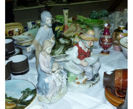 A Casades Nativity group; 2 pottery figures:  shoemaker & man playing a squeeze box