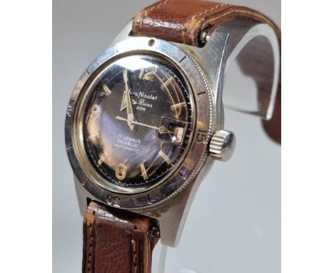 Marc Nicolet vintage 'Skin Diver' 20 Atms 17 jewelled Incabloc automatic steel wristwatch, having black face with Arabic and 