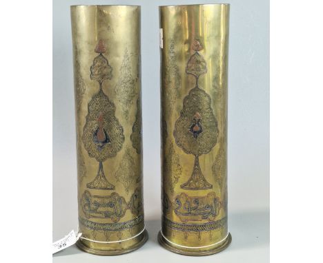 WWI Trench Art - Two German 7.5cm brass shells with inlaid copper and silver Islamic script. 9cm x 27.5cm approx. One shell m