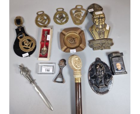 Collection of Winston Churchill oddments to include: modern Classic Canes walking cane, horse brasses with his face, ashtray,
