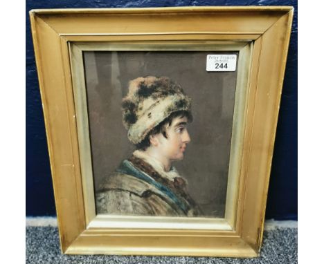 Lewis Albetrin (French/British 19th century), portrait of a young man in fur hat, signed with additional signature verso. Wat