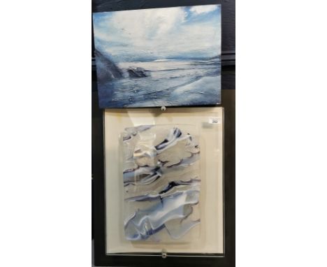 Bill Swan (British contemporary), abstract wave study in cast glass, signed. 39x26cm approx. Mounted. Together with Welsh sch