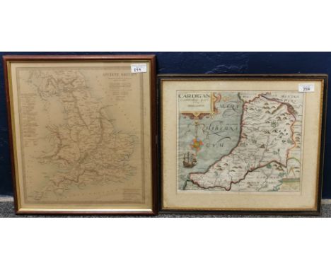 Vintage map of 'Ancient Britain', together with Christopher Saxton original 'Map of Cardigan', sparsely coloured. 37x32 and 2