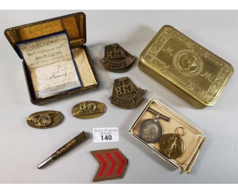 WWI British medal pair, awarded to Sergeant C. RICHARDS, Royal Artillery, together with 1914 Princess Mary Christmas tin, yel