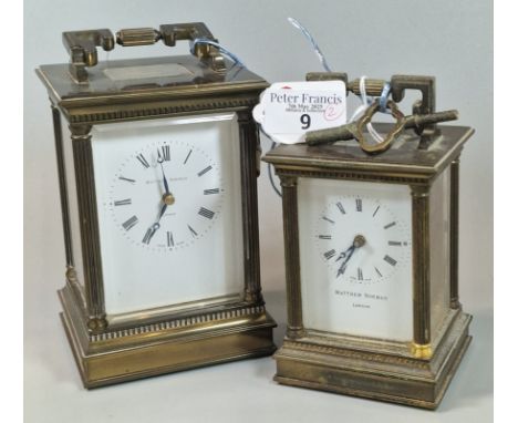 Matthew Norman London, two brass cased carriage clocks, with Swiss movement, one marked 1750A, the other 1754. Both with orig