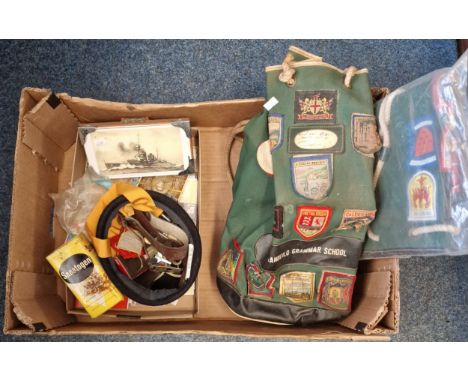 Collection of items relating to childhood including: Girl Guides badges, beret, whistle etc. two vintage haversacks, collecti