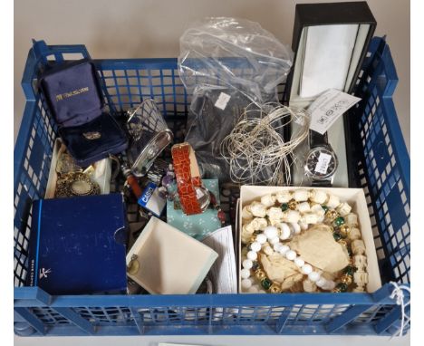 Box of oddments to include: pair of knife rests, Citizen and Casio wrist watches, costume jewellery, silver necklace etc. (B.