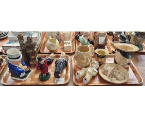 Two trays of Winston Churchill memorabilia to include: Copeland Spode Toby Jug, pottery character jugs, Bovey Pottery 'Our Ga