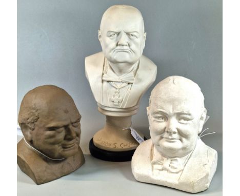 Three composition and pottery busts of Winston Churchill, one a moneybox marked Sparbanken Kronan. (3)  (B.P. 21% + VAT)