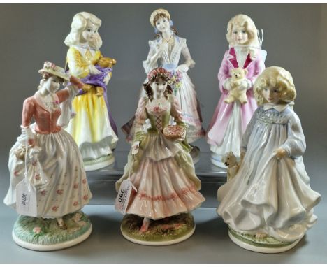 Six Royal Doulton and Royal Worcester figurines to include: 'Sunday Best', 'The Queen of the May', 'Faith', 'Charity' etc. (B