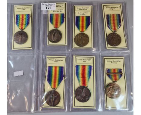 A collection of seven (7) WWI International Victory Medals. To include: Britain, South Africa, Belgium, France, Italy, Americ