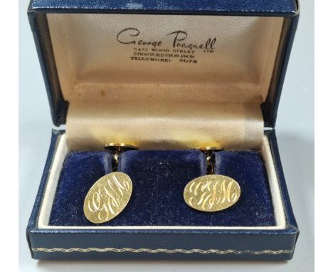 Pair of 18ct gold oval cufflinks, with engraved initials. 13g approx.  (B.P. 21% + VAT)