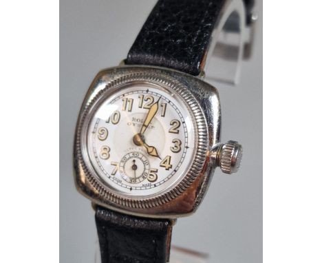 Vintage Rolex Oyster 'Ultra Prima' cushion watch, in solid silver. Leather strap. Case No. 7273, in associate box. (B.P. 21% 