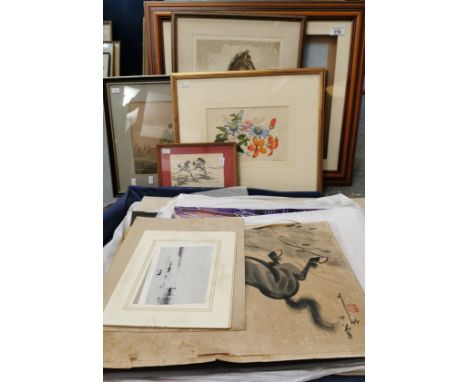 Framed decoupage print of a river scene, a signed etching of a foal and a group of other framed and unframed studies of horse