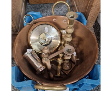 Collection of brass and copper ware to include: copper preserving pan with brass handles, candlesticks, barometer etc. (B.P. 