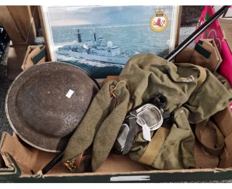Box containing British Brodie helmet, British beret with Belgian Army (in exile) cap badge (beret dated 1975, size 58), flyin