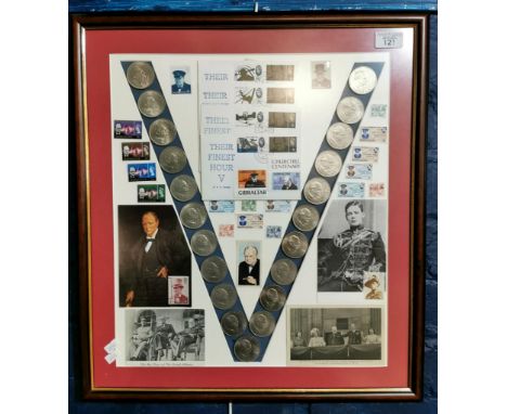 Winston Churchill, 'Their Finest Hour', a collage of first day stamp covers, commemorative Crowns, stamps, photographs, postc