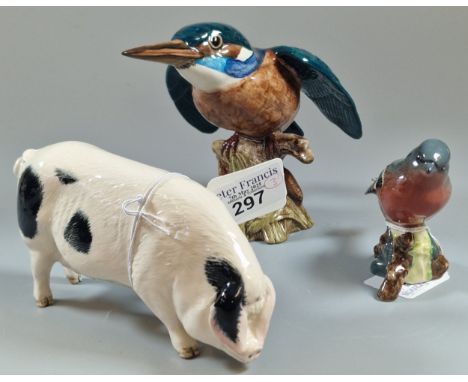 Beswick study of a Kingfisher, together with a Beswick Chaffinch bird and a Royal Doulton study of Gloucester Old Spot Pig, p