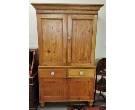 19th century pine two stage press/kitchen cupboard, with ceramic knob handles. (B.P. 21% + VAT)Images of interior added.