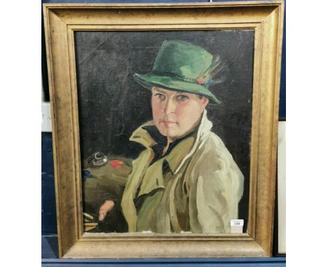 F Wynne Thomas (Welsh born 1907), a self portrait of the Artist, in raincoat and hat with palette. Oils on canvas. 61x50cm ap