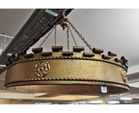 Medieval style gold finish metal corona chandelier/bed canopy, with moulded Tudor Rose decoration. (B.P. 21% + VAT)