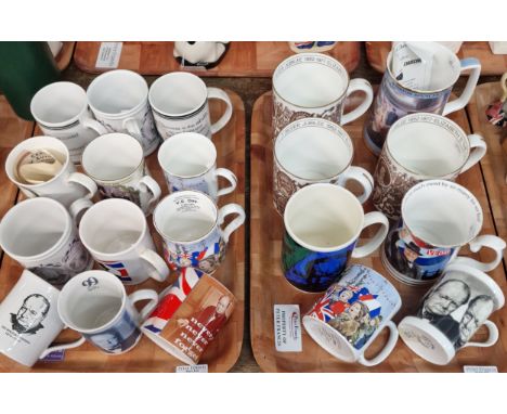 Two trays of War related mugs and other tankards, relating to Winston Churchill and others, to include: Royal Doulton, Crown 