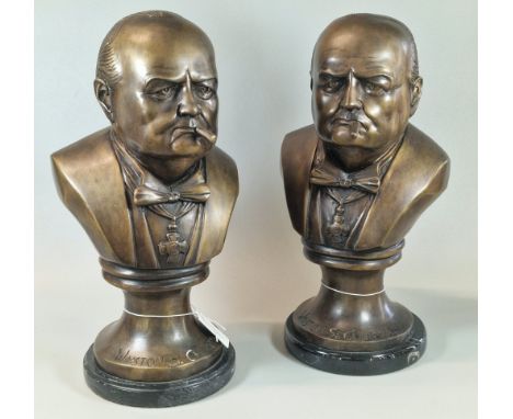 Pair of hollow cast bronze busts of Winston. S. Churchill, on veined marble socle circular base. 34cm high approx. (2) (B.P. 
