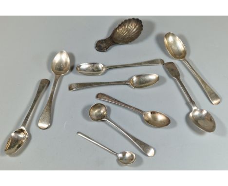 Bag of mainly silver teaspoons and a silver shell shaped caddy spoon. Total weight 4.85 troy oz approx. (B.P. 21% + VAT)