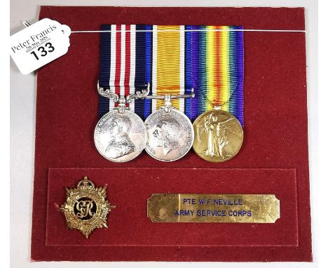 WWI Military Medal (M.M.) Trio awarded to W.F. NEVILLE, ARMY SERVICE CORPS (A.S.C) together with British War medal, Victory m