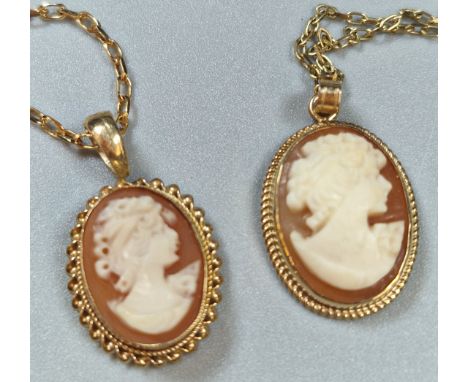 Two similar 9ct gold cameo portrait pendants on 9ct gold chains/necklaces. Total weight 6.9g approx.  (B.P. 21% + VAT)