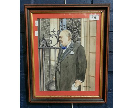 Tony Paultyn, portrait of Sir Winston Churchill outside No. 10 Downing Street, signed. Watercolours. 30x24cm approx. Framed a