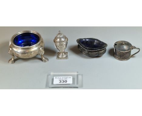 Collection of silver to include: two salts with blue glass liners, one 19th century, pepperette and small mustard preserve ja