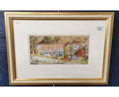 J M Pickering (early 20th century), a garden wall with gate and Lupins, signed, with additional signature and date  verso ,19