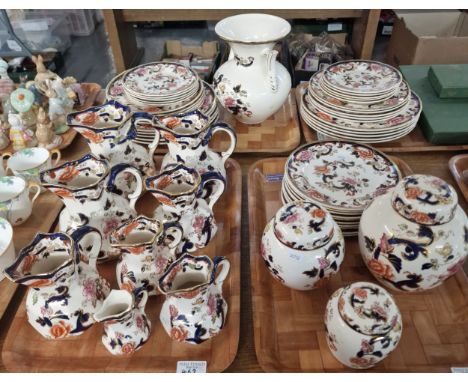 Four trays of Masons 'Mandalay' ironstone design items to include: various pouch shaped dresser jugs, plates and ginger jars 