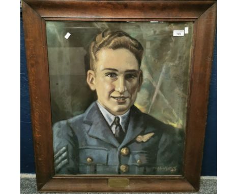 M Hunter (mid 20th century), portrait of Dewi a WWII RAF Sargent Observer, signed and dated '43. Together with brass plaque o