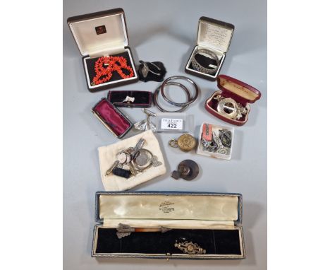 Box of oddments to include: gilt metal sovereign case with suspension loop, champlevé Chinese white metal bangles, Special Co