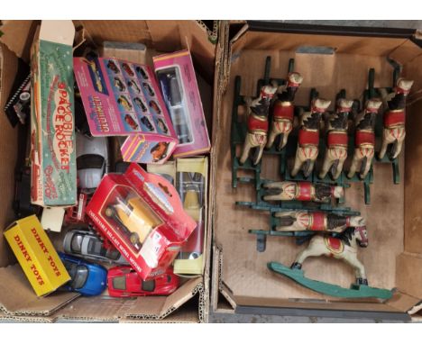 Collection of modern wooden hand painted miniature rocking horses, together with a box of playworn and boxed diecast model ve