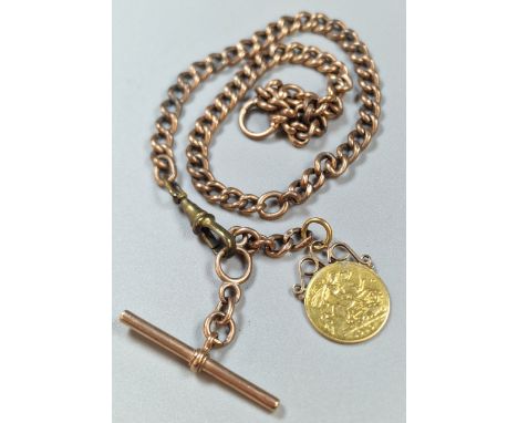 9ct rose gold T bar Albert pocket watch curb-link chain, with George V gold half sovereign, in pendant mount dated 1910. 21g 