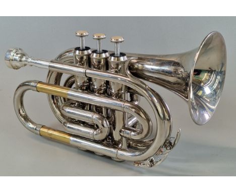 Modern 'Eastar' silver plated pocket trumpet, in original carrying case. (B.P. 21% + VAT)