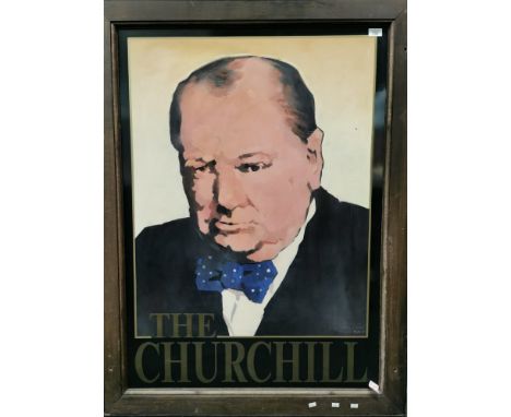 Framed double sided hanging portrait sign 'The Churchill'. The image - 110x77cm approx. Oak frame. (B.P. 21% + VAT)