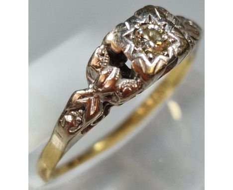 18ct gold and platinum diamond solitaire ring. In green leather ring box. 2.7g approx. Size L1/2. (B.P. 21% + VAT)